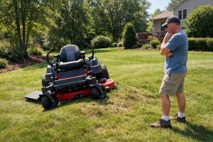 a man looking at his zero turn lawn mower